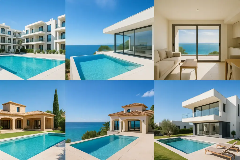 Fotocollage mit sechs unterschiedlichen Immobilien an der Costa Blanca – moderne Apartments, luxuriöse Villen und traditionelle Häuser mit Pool und Meerblick.