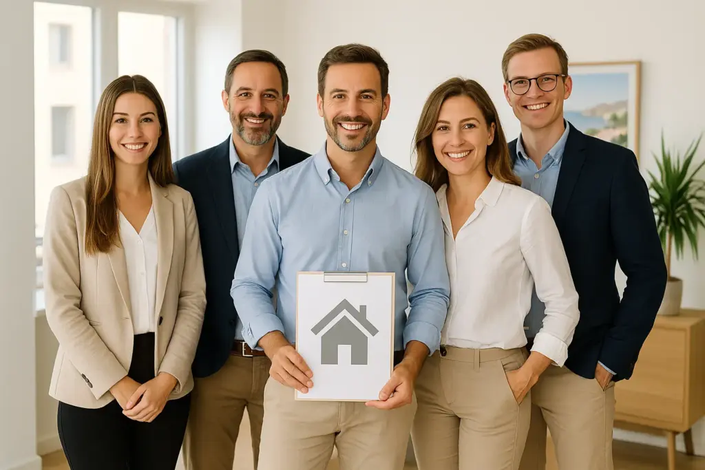Fünf sympathische Immobilienmakler an der Costa Blanca – zwei Frauen und drei Männer, freundlich und professionell im modernen Büro.